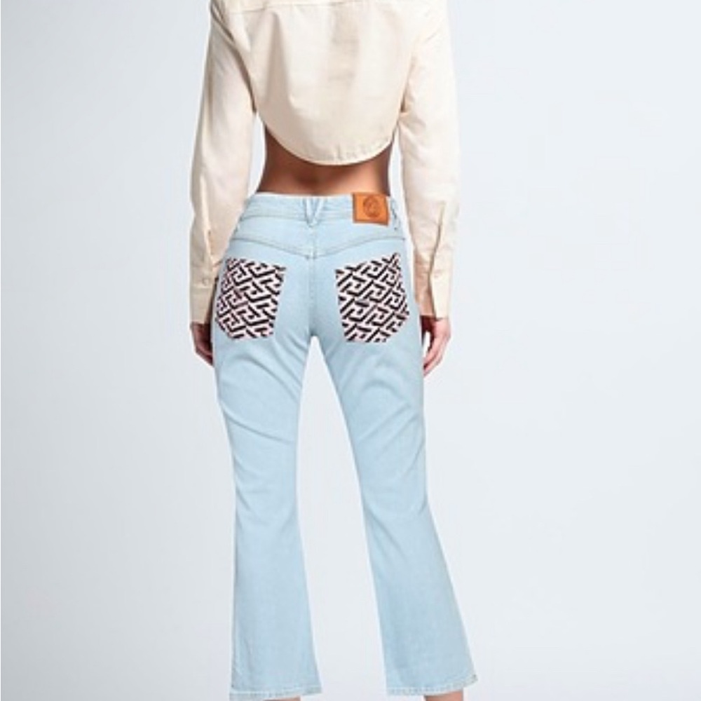 VERSACE NWT - Authentic Pink Greca Logo Print Women's Denim Flare Leg Jeans